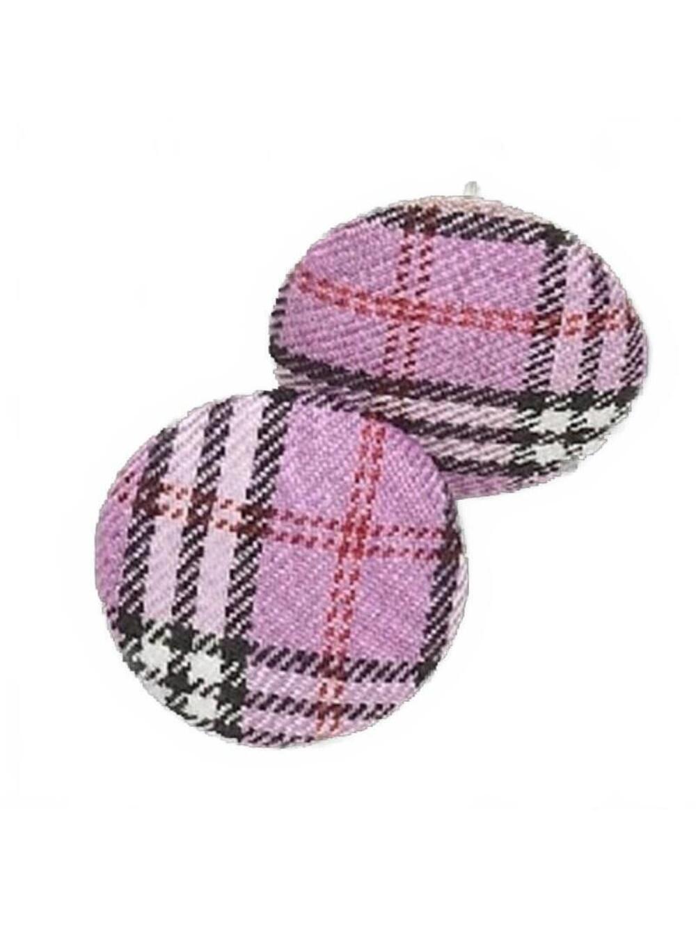 Purple Black and White Tartan Plaid Retro Mod Fabric Button Earrings
